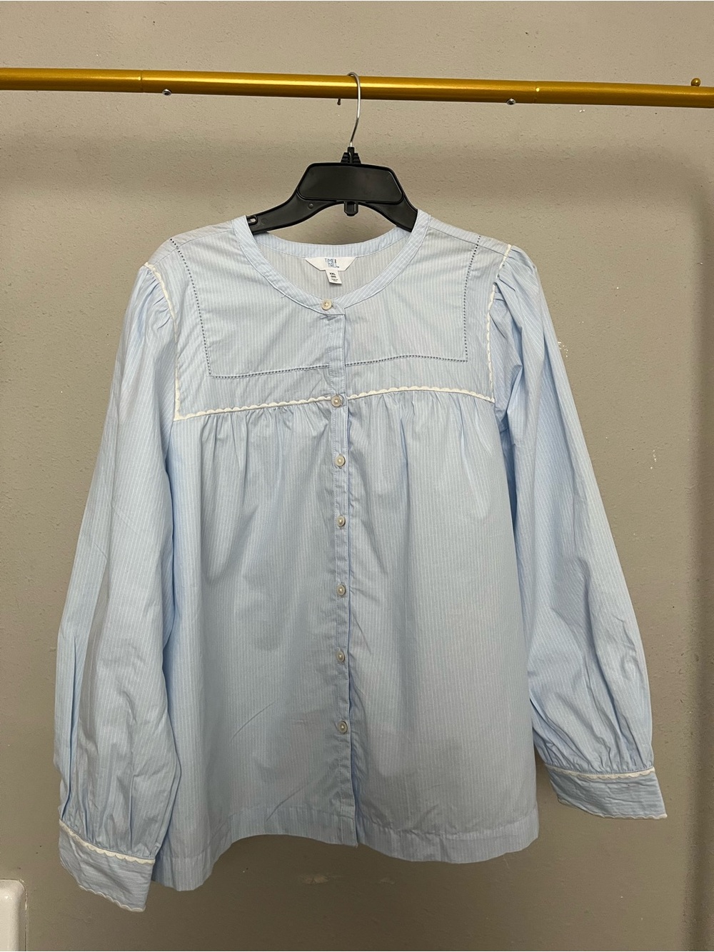 Time and Tru Light Blue Pinstripe Button-Up Top